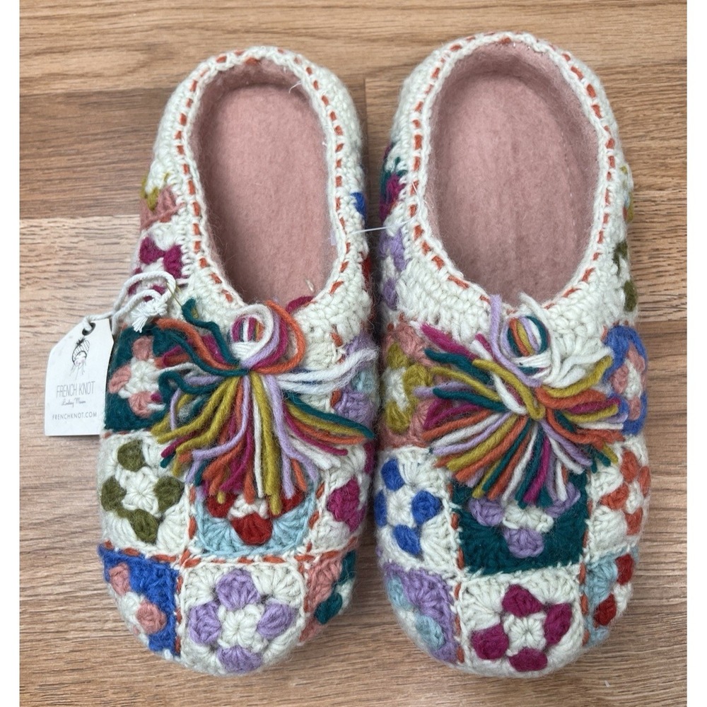 French Knot Handmade Wool & Leather Womens Slippers Size M 8, Granny Squares NEW